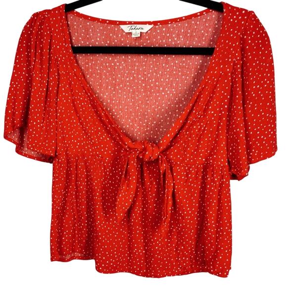 Takara, Size Small, Red Mini Polka Dot Cropped Blouse, Tie Front, Flutter Sleeve - Picture 1 of 5